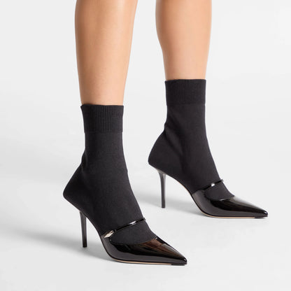 Jimmy Choo Carolyn Ankle Boot 90 Black Leather & Knit Ankle Boots